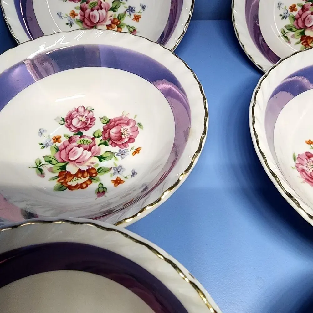 6 Westwood Luster Floral Bowls Gold Trim Purple Set 5 1/2